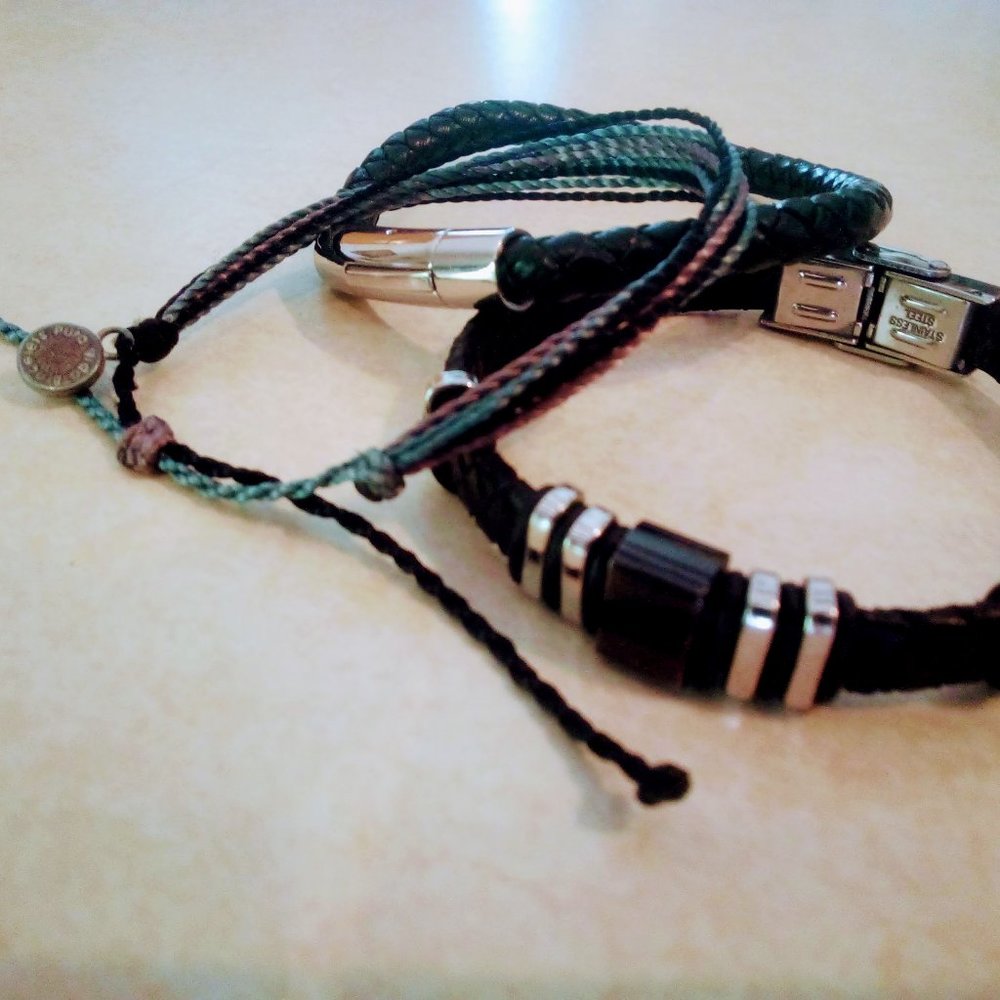 Black Leather and Stainless Bracelets